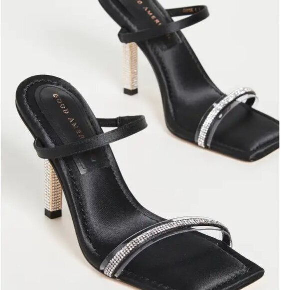 Good American Satin Rhinestone Sandals strappy bling 6.5 black NEW NIB - Picture 1 of 12